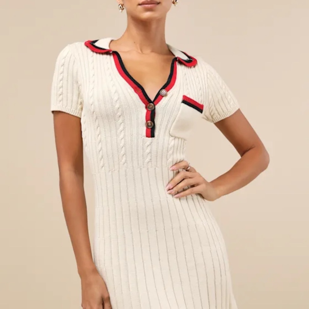 Lulu's Beige Knit Dress with Red and Black Accents